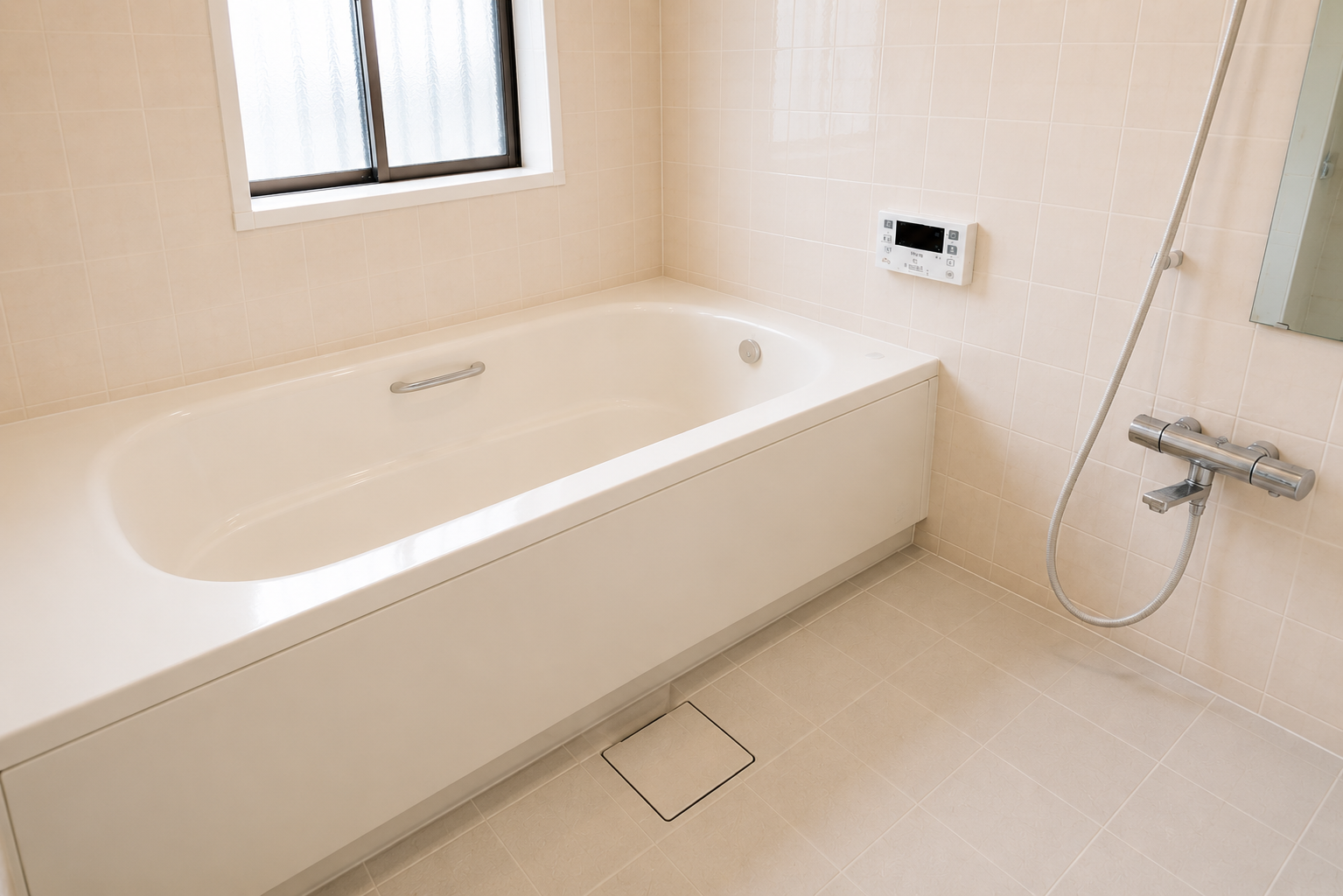 Banheiro com banheira e revestimentos limpos