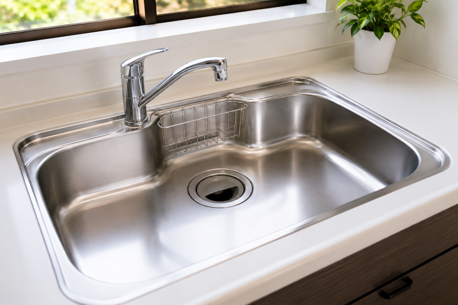 Pia de aço inox e torneira limpas na cozinha